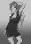  1girl aria breasts cleavage competition_swimsuit drawfag hair_tubes highres mizunashi_akari monochrome one-piece_swimsuit ponytail sketch solo swimsuit unitard 