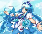  1girl blue blue_background blue_eyes blue_hair blue_skirt bow brooch cure_marine hair_ornament hairpin heartcatch_precure! hirosato jewelry kurumi_erika long_hair magical_girl outstretched_arms precure puffy_sleeves ribbon skirt smile solo spread_arms wrist_cuffs 
