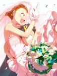  1boy 1girl arm_around_neck bare_shoulders black_hair blurry blush bouquet brown_eyes brown_hair carrying confetti depth_of_field dress earrings flower gloves hair_up halo0001 idolmaster jewelry middle_finger minase_iori necklace open_mouth pink_dress pink_gloves producer_(idolmaster) strapless_dress tears veil wedding_dress 