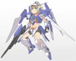  1girl beam_rifle bike_shorts blonde_hair energy_gun green_eyes gundam gundam_age gundam_age-2 mecha_musume midriff navel personification short_hair solo yudepii 