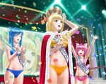  3girls :d arms_up bikini blonde_hair blue_hair bow cape clapping closed_eyes confetti crown drill_hair flat_chest fur_trim green_eyes hair_bow highres holding long_hair mankappa marin mound_of_venus multiple_girls navel open_mouth pink_hair short_hair smile swimsuit trophy twin_drills umi_monogatari urin_(umi_monogatari) warin yellow_eyes 