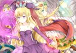  2girls aqua_eyes back-to-back bare_shoulders bird blonde_hair braid detached_sleeves dress freyja_(p&amp;d) hairband horns lilith_(p&amp;d) long_hair looking_at_viewer multiple_girls owl pointy_ears purple_dress puzzle_&amp;_dragons single_braid smile strapless_dress tailam violet_eyes wings 