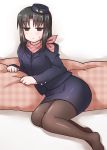  bangs black_hair brown_eyes donabe0w0 kara_no_kyoukai long_hair lying mini_hat neckerchief no_shoes on_side pantyhose pencil_skirt pillow ryougi_shiki stewardess sweatdrop 