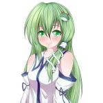  1girl bare_shoulders blush bust collarbone detached_sleeves eyelashes frog_hair_ornament green_eyes green_hair hair_ornament hair_tubes kochiya_sanae long_hair looking_at_viewer misumo simple_background smile snake_hair_ornament solo touhou white_background 