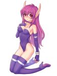  1girl bare_shoulders blush boots breasts choker cleavage collarbone elbow_gloves fingerless_gloves folks_(nabokof) full_body gloves high_heel_boots high_heels kneeling leotard long_hair nei nose_blush parted_lips phantasy_star phantasy_star_ii pointy_ears purple_gloves purple_hair red_eyes simple_background solo thigh_boots thighhighs very_long_hair white_background 