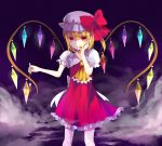  1girl blood blood_on_face blush bow flandre_scarlet fork hachimitsu_ame_(phoenix) hat hat_bow heart heart_wings highres licking red_eyes solo touhou wings 