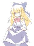  1girl blonde_hair blush bow drill_hair hair_bow ikune_juugo long_hair looking_at_viewer simple_background skirt_hold smile solo white_background yellow_eyes 
