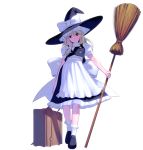  1girl apron blonde_hair bow broom brown_eyes hat hat_bow kirisame_marisa light_smile long_hair masao puffy_sleeves shirt short_sleeves simple_background skirt skirt_set smile solo suitcase touhou vest waist_apron white_background witch_hat 