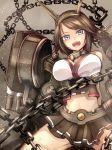  1girl brown_hair chain collar hair_ornament highres idayui kantai_collection midriff multicolored_eyes mutsu_(kantai_collection) navel open_mouth personification short_hair skirt smile solo 
