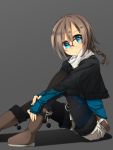  1girl belt black_legwear blue_eyes boots borrowed_character braid brown_hair capelet fur_trim glasses grey_background kaida_michi leg_hug looking_at_viewer mihailles_gau pantyhose pom_pom_(clothes) ponytail print_legwear short_shorts shorts simple_background sleeves_past_wrists solo 