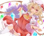  1girl ascot blonde_hair blush fang flandre_scarlet hat long_hair looking_at_viewer mine1225 open_mouth red_eyes side_ponytail skirt smile solo thigh-highs touhou white_background wings 