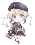  1girl blue_eyes chibi gun hat kantai_collection looking_at_viewer sailor_hat short_hair silver_hair solo weapon z1_leberecht_maass_(kantai_collection) 