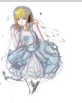  1girl akg blonde_hair breasts cleavage cropped_legs dress frills pan!ies sleeveless sleeveless_dress solo 