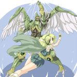  1girl arm_up blonde_hair blue_background cape expressionless gem gloves green_eyes green_skirt hairband hououji_fuu junsama looking_back magic_knight_rayearth mecha shoes short_hair shoulder_pads skirt windam wings 