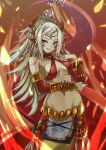  1girl bare_shoulders blonde_hair blue_eyes bracelet breasts echidna_(p&amp;d) grin hairband horns jewelry long_hair looking_at_viewer navel ponytail puzzle_&amp;_dragons rocknroll smile solo tail 