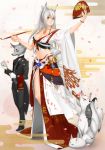  1girl animal_ears bracelet breasts butler cleavage fan fox gloves grey_eyes holding japanese_clothes jewelry kazakami_yuu large_breasts long_hair looking_at_viewer midriff parted_lips pipe pixiv_fantasia_fallen_kings pocket_watch ponytail silver_hair tattoo watch yellow_eyes 