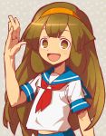  1girl brown_eyes brown_hair hairband heart inazuma_eleven_(series) inazuma_eleven_go inazuma_eleven_go_chrono_stone long_hair nanobana_kinako no_pupils open_mouth school_uniform serafuku solo yamaki_suzume 