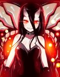  1girl battleship-symbiotic_hime black_hair breasts glowing glowing_eyes highres horns kantai_collection long_hair looking_at_viewer oni_horns pale_skin personification red_eyes shinkaisei-kan smile tom_(drpow) 