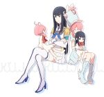  4girls black_hair boots bow child crossed_arms crossed_legs dress hat jakuzure_nonon junketsu kill_la_kill kiryuuin_satsuki long_hair multiple_girls pink_hair shako_cap short_hair sitting sitting_on_lap sitting_on_person thigh-highs thigh_boots time_paradox younger zipon 