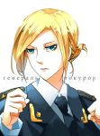  1girl annie_leonhardt blonde_hair blue_eyes blurry clenched_hands cosplay depth_of_field epaulettes fare fighting_stance folded_ponytail frown highres military military_uniform natalia_poklonskaya natalia_poklonskaya_(cosplay) necktie portrait real_life russian shingeki_no_kyojin short_hair simple_background solo tsurime uniform white_background 