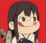  1girl :q akagi_(kantai_collection) arrow blush brown_hair face flight_deck food food_on_face fujiya japanese_clothes kantai_collection long_hair muneate parody peko-chan personification red_background rice_on_face solo tongue tsukumo 