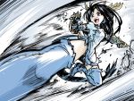  1girl black_hair blue_eyes china_dress chinese_clothes dragon_girl dragon_tail flying_kick gloves head_fins horns ishiyumi karin_(p&amp;d) kicking motion_blur open_mouth puzzle_&amp;_dragons spiked_gloves tail thigh-highs 