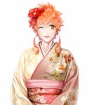  1girl emiya_shirou fate/stay_night fate_(series) flower genderswap hair_flower hair_ornament japanese_clothes kimono mitsuki_mitsuno orange_hair payot short_hair solo wink yellow_eyes 