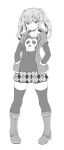 1girl hands_in_pockets looking_at_viewer monochrome oni-noboru simple_background skirt solo thigh-highs twintails white_background