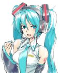  1girl detached_sleeves green_eyes green_hair hatsune_miku headphones headset long_hair matsuda_(matsukichi) nail_polish necktie necktie_removed tattoo twintails vocaloid 