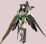  1girl alternate_weapon alternate_wings arm_cannon black_hair bow brown_eyes grey_background hair_bow mecha_musume mechanical_wings reiuji_utsuho simple_background smile solo third_eye touhou weapon wings yudepii 