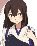  1girl alternate_hairstyle brown_eyes brown_hair hair_down ikari_manatsu japanese_clothes kaga_(kantai_collection) kantai_collection looking_at_viewer muneate personification portrait short_hair solo 