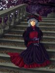  1girl absurdres alternate_color bat_wings blue_hair brooch cherry_blossoms dress fountain highres jewelry mob_cap pocket_watch railing red_eyes remilia_scarlet sad stairs tears touhou tree u-joe watch wings 