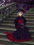  1girl alternate_color bat_wings blue_hair brooch cherry_blossoms dress fountain highres jewelry mob_cap pocket_watch railing red_eyes remilia_scarlet sad stairs tears touhou tree u-joe watch wings 