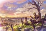  1boy 1girl animal_ears bag bow_(instrument) braid cape castle city clouds cloudy_sky dusk fantasy green_eyes green_hair highres iceojin instrument o_o original pixiv_fantasia_fallen_kings purple_hair scenery short_hair sitting sky sword tree weapon yellow_eyes 