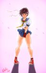  1girl blush brown_eyes brown_hair buruma full-face_blush headband highres hori_shin kasugano_sakura looking_at_viewer navel petals pigeon-toed school_uniform serafuku shoes short_hair skirt skirt_tug sneakers socks solo street_fighter wind 