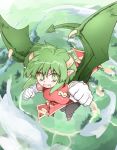  1girl china_dress chinese_clothes clenched_hands clouds draco_centauros dragon_tail dragon_wings flying geo-geo gloves green_eyes green_hair horns madou_monogatari pointy_ears puyopuyo short_hair slit_pupils smile solo tail wings 