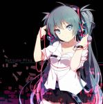  1girl aqua_eyes aqua_hair cable collarbone entangled hand_on_headphones hatsune_miku headphones long_hair looking_at_viewer off_shoulder ogipote pleated_skirt shirt skirt smile solo twintails very_long_hair vocaloid 