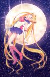  1girl arched_back bishoujo_senshi_sailor_moon blonde_hair blue_eyes blue_skirt boots bow brooch choker double_bun elbow_gloves floating full_moon gloves hair_ornament hairpin jewelry knee_boots long_hair magical_girl moon pleated_skirt ribbon sailor_collar sailor_moon skirt sky solo star_(sky) starry_sky tiara tsukino_usagi twintails white_gloves yun_(yuki-62) 