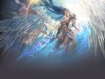  blue_eyes blue_hair highres league_of_angels long_hair navel see-through sword weapon wings 