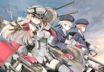  3girls beret bismarck_(kantai_collection) blonde_hair blue_eyes breasts brown_eyes brown_hair cannon detached_sleeves dress gloves grey_legwear hao_(patinnko) hat highres kantai_collection long_hair looking_at_viewer military military_hat military_uniform multiple_girls peaked_cap personification sailor_collar sailor_dress sailor_hat short_hair silver_hair thigh-highs uniform weapon z1_leberecht_maass_(kantai_collection) z3_max_schultz_(kantai_collection) 