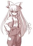  1girl bow fujiwara_no_mokou hair_bow hands_in_pockets ikune_juugo long_hair looking_at_viewer monochrome simple_background solo suspenders touhou very_long_hair white_background 
