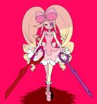  1girl blonde_hair boots bow dress drill_hair dual_wielding earrings eyepatch hair_bow harime_nui jewelry kill_la_kill long_hair scissor_blade smile solo strapless_dress twin_drills twintails wagga weapon wrist_cuffs 