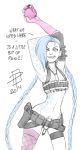  armpits arms_up belt blue_hair braid bullet call_me_po explosive fishnet_legwear fishnets fringe grenade gun hair_over_one_eye holster jinx_(league_of_legends) kill_la_kill league_of_legends long_hair multiple_belts nudist_beach_uniform pistol single_elbow_glove single_thighhigh tattoo thigh-highs twin_braids utility_belt very_long_hair weapon 