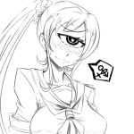  1girl blush breasts cyclops grandmastag heart heart-shaped_pupils large_breasts light_smile long_hair mars_symbol monochrome monster_girl one-eyed ponytail school_uniform scrunchie serafuku sexually_suggestive sketch solo speech_bubble sweatdrop symbol-shaped_pupils venus_symbol 