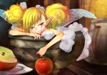  1girl apple asameshi blonde_hair blush cherry cup dragon&#039;s_crown fairy fairy_wings foam food fruit holding partially_submerged plate pointy_ears solo tiki_(dragon&#039;s_crown) wet wings yellow_eyes 