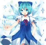  1girl blue_eyes blue_hair bow cirno hachimitsu_ame_(phoenix) hair_bow highres ice ice_wings open_mouth short_hair solo touhou wings 