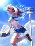  1girl :d ahoge bag blush brown_eyes brown_hair clouds highres keychain lens_flare loafers looking_at_viewer mankappa necktie open_mouth original pleated_skirt school_bag school_uniform shoes sign skirt sky smile socks solo sunlight watch wink 