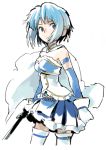  1girl armband blue_eyes blue_hair cape corset cropped_legs detached_sleeves gloves magical_girl mahou_shoujo_madoka_magica matsuda_(matsukichi) miki_sayaka short_hair skirt solo sword thigh-highs weapon white_gloves white_legwear 