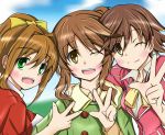  3girls brown_eyes brown_hair green_eyes haasu hair_ornament hino_akane_(idolmaster) honda_mio idolmaster idolmaster_cinderella_girls long_hair looking_at_viewer multiple_girls ponytail short_hair takamori_aiko 