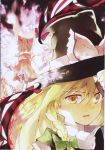  2girls absurdres blonde_hair bow braid brown_hair detached_sleeves gap gohei hair_bow hakurei_reimu hat highres kirisame_marisa multiple_girls ogawa_maiko ribbon scan short_hair touhou witch_hat yellow_eyes 